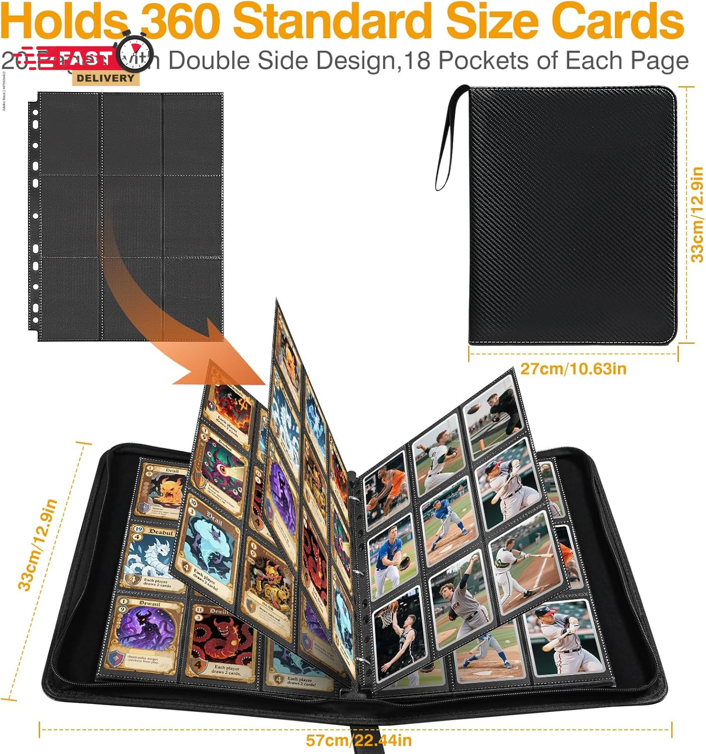 20 Pack 360 Pockets Black Trading Card Sleeves Binder Sheets, Double Sided Thick