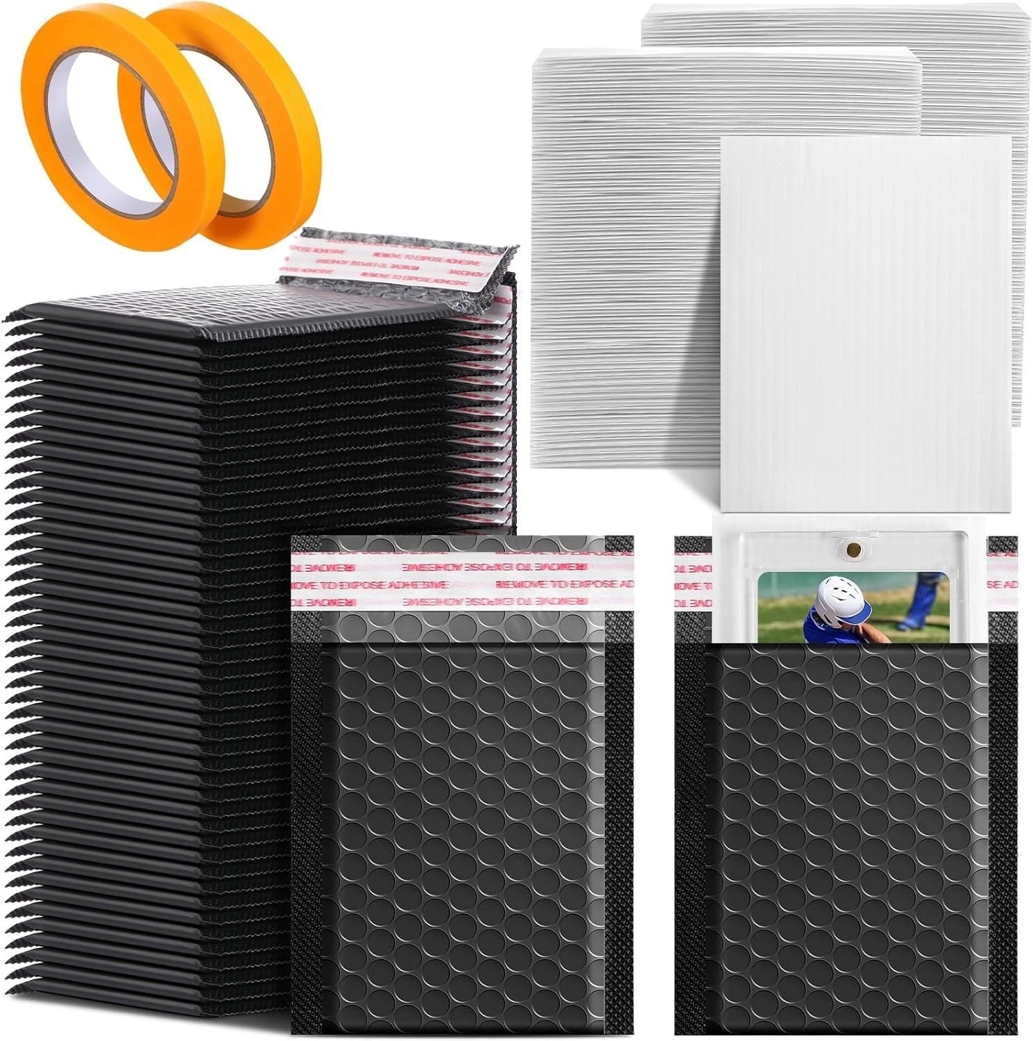 302 Pcs Trading Card Mailer Set Protectors Bubble Envelopes Plastic Inserts Tape