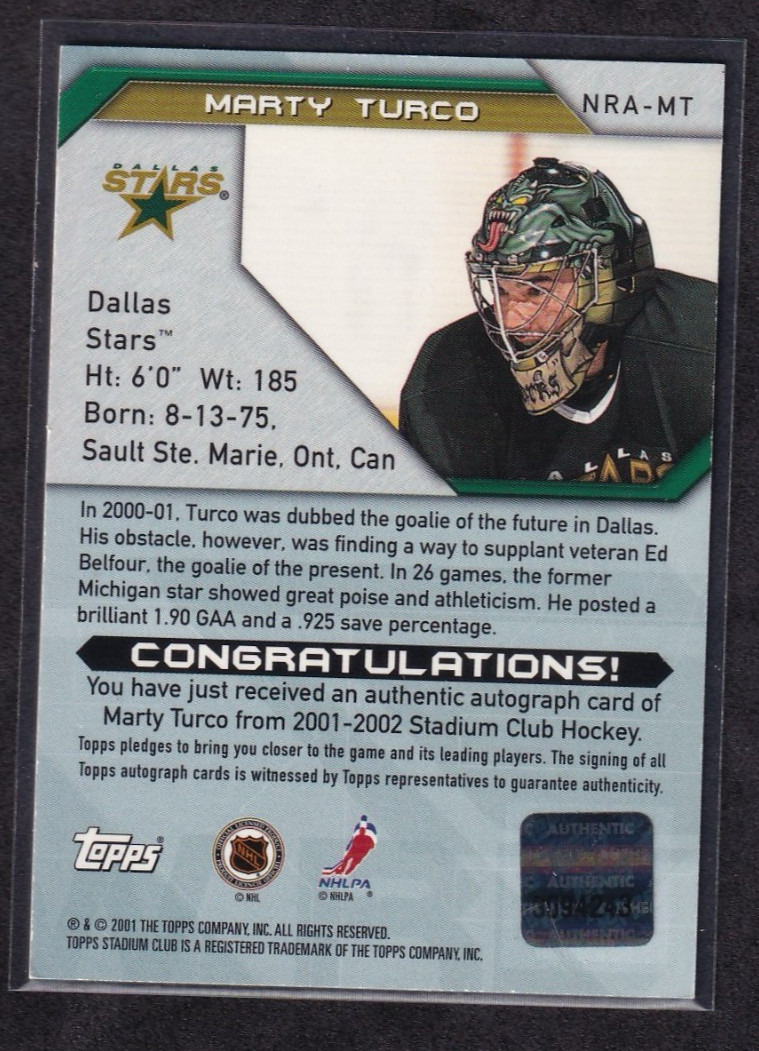 Marty Turco Auto – 2001-02 Topps Stadium Club New Regime #NRA-MT – Stars