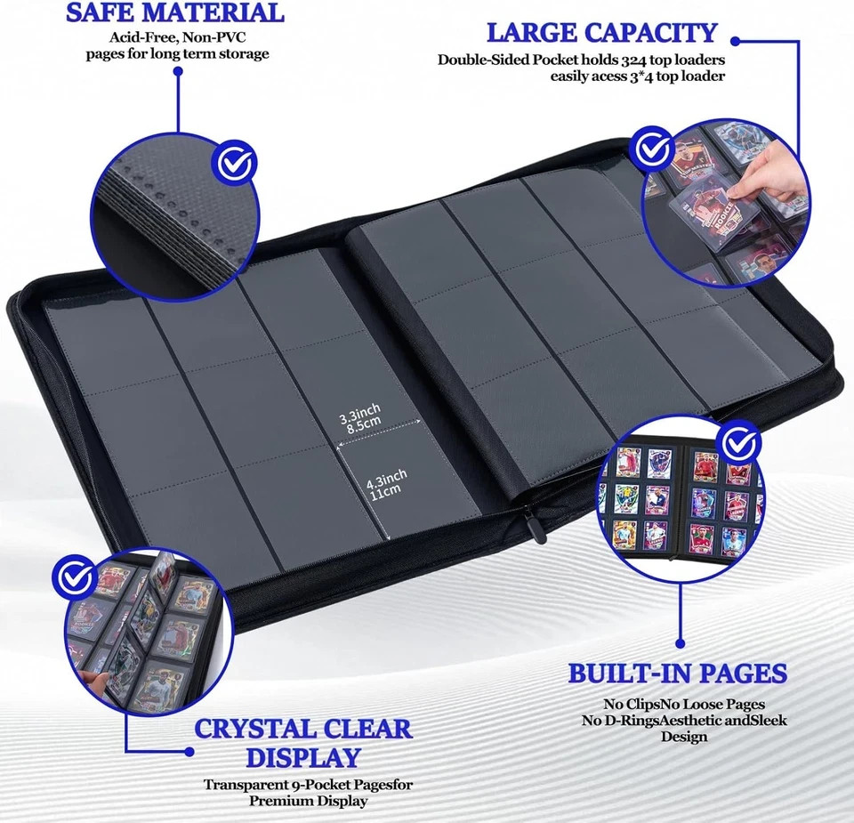 Top Loader Binder – Holds 324 Cards 20 Hard Sleeves Included,9-Pocket Side-Lo…