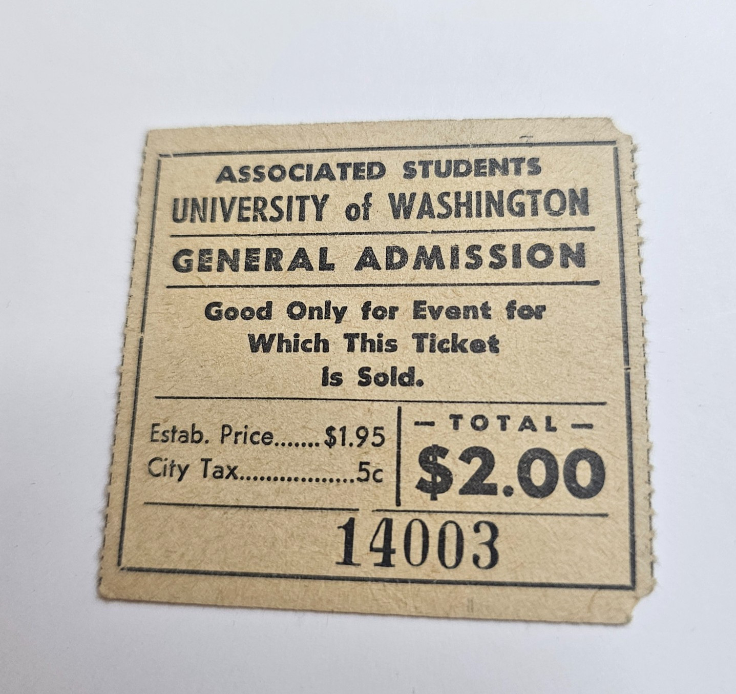 c.1950 WASHINGTON HUSKIES $2.00 SPORTS TICKET STUB UNIVERSITY FOOTBALL GENERAL