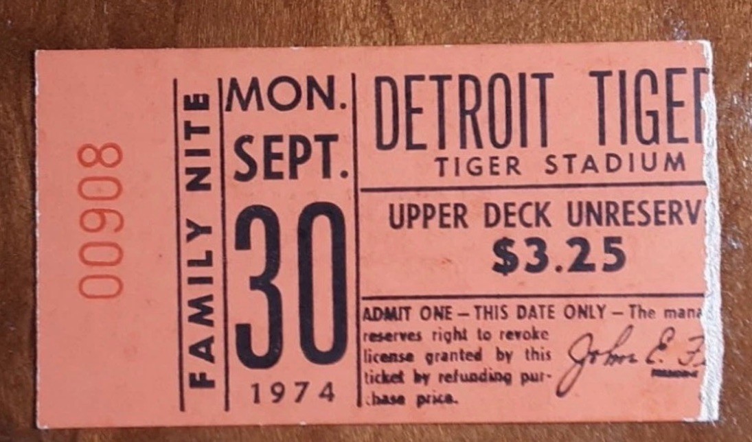 1974 Al Kaline Ticket FINAL BB & HIT #3,006 of 3,007 Detroit Tigers⚾️