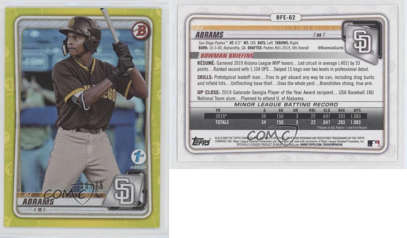 2020 Bowman 1st Edition Yellow Foil 56/75 CJ Abrams #BFE-62 0m4q