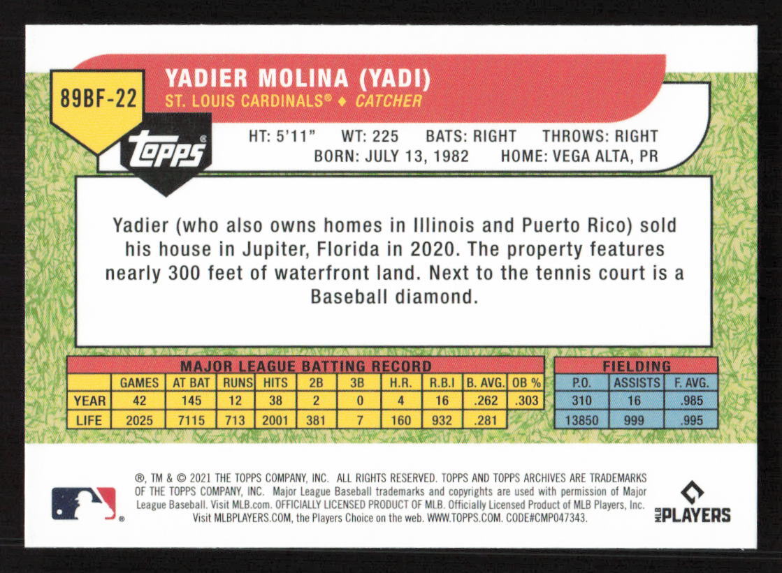 2021 Topps Archives Yadier Molina 1989 Topps Big Foil #89BF-22 Card
