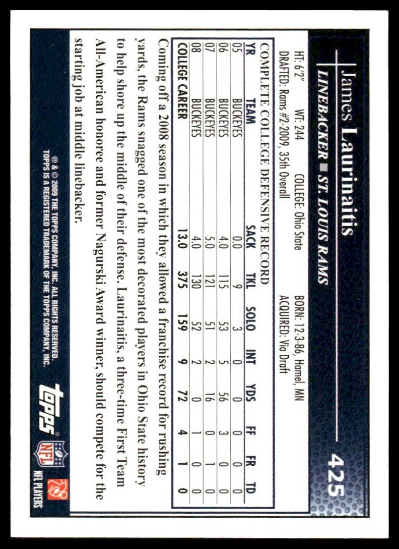 James Laurinaitis Rookie RC 2009 Topps #425 St. Louis Rams