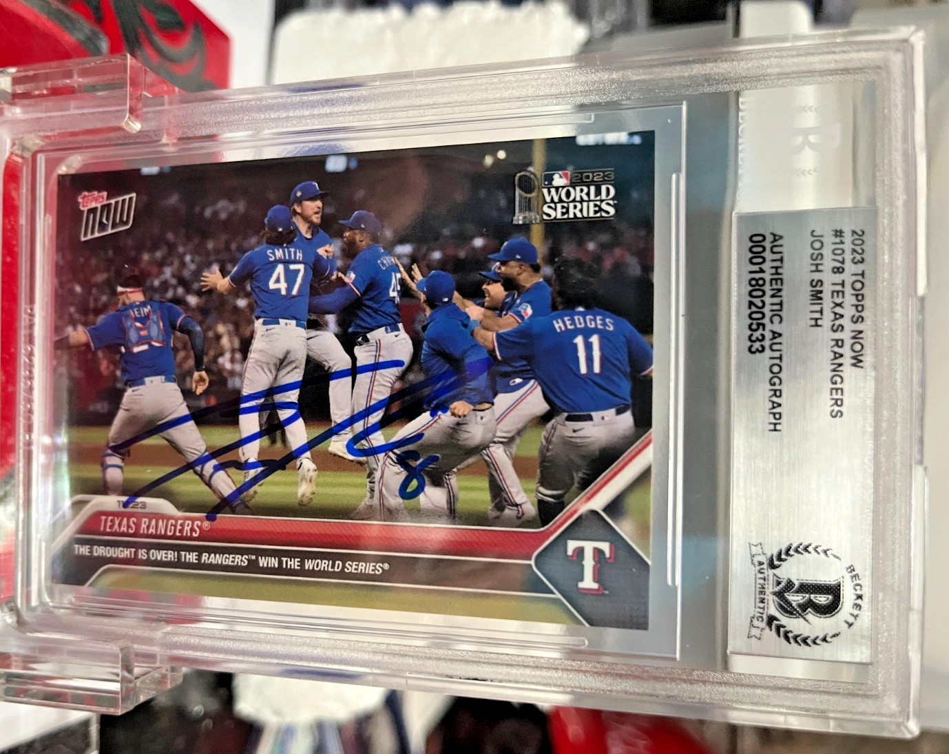 TX Rangers Win First World Series 2023 Topps Now 1078 Josh Smith Auto BAS COA