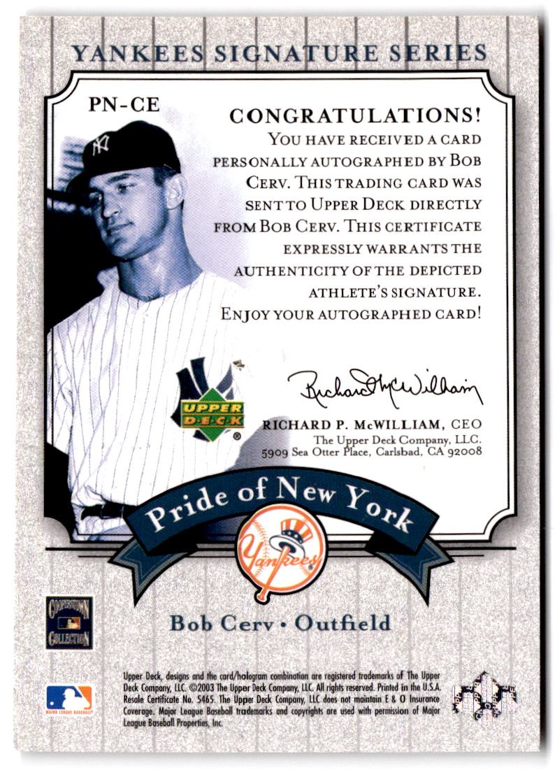 2003 Upper Deck Yankees Signature Series Bob Cerv Pride of New York Autograph