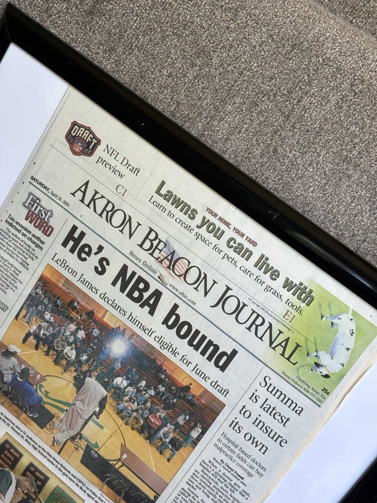 LEBRON JAMES 2003 NBA DRAFT DECISION AKRON BRACON NEWSPAPER 4/26/2003 FRAMED