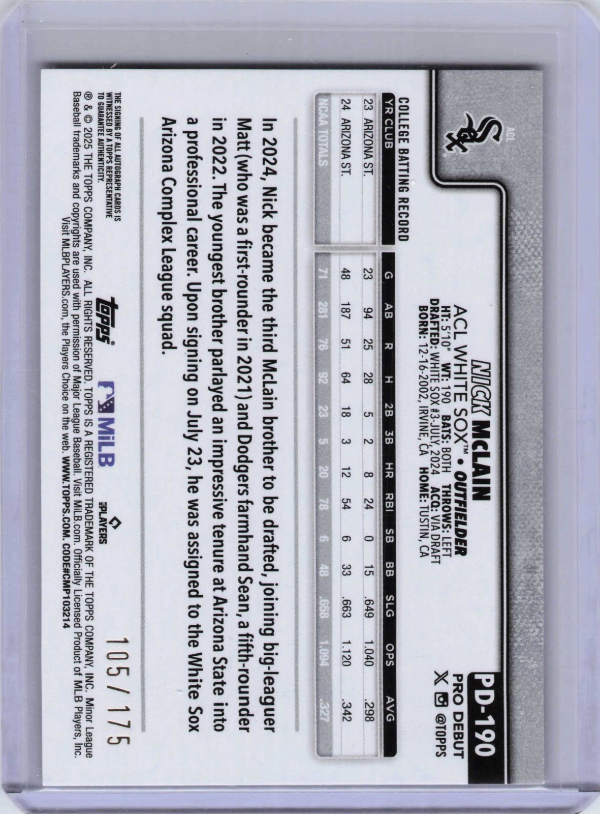 2025 Topps Pro Debut -Autographs Sparkle Foil #PD-190-Nick McLain-AU, SN 105/175