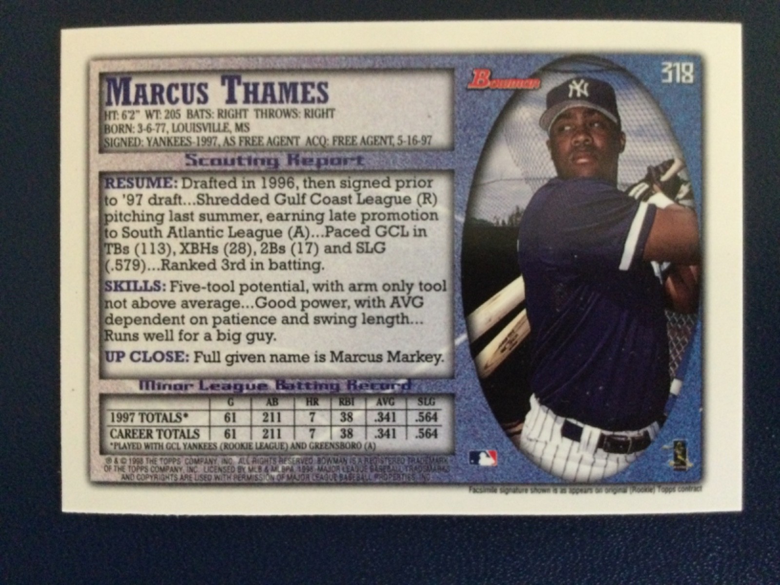 1998 Bowman International Marcus Thames #318 Rookie RC
