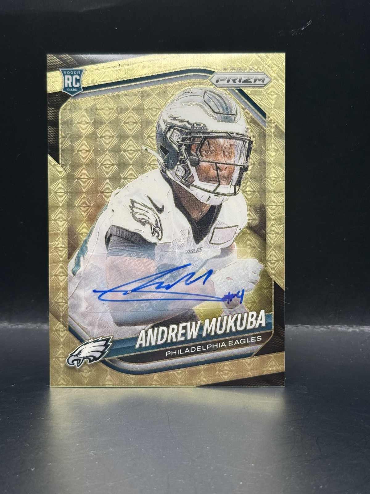 #330 Andrew Mukuba 2025 Panini Prizm SN, AU AU #/5 Eagles Autographs Gold Vinyl