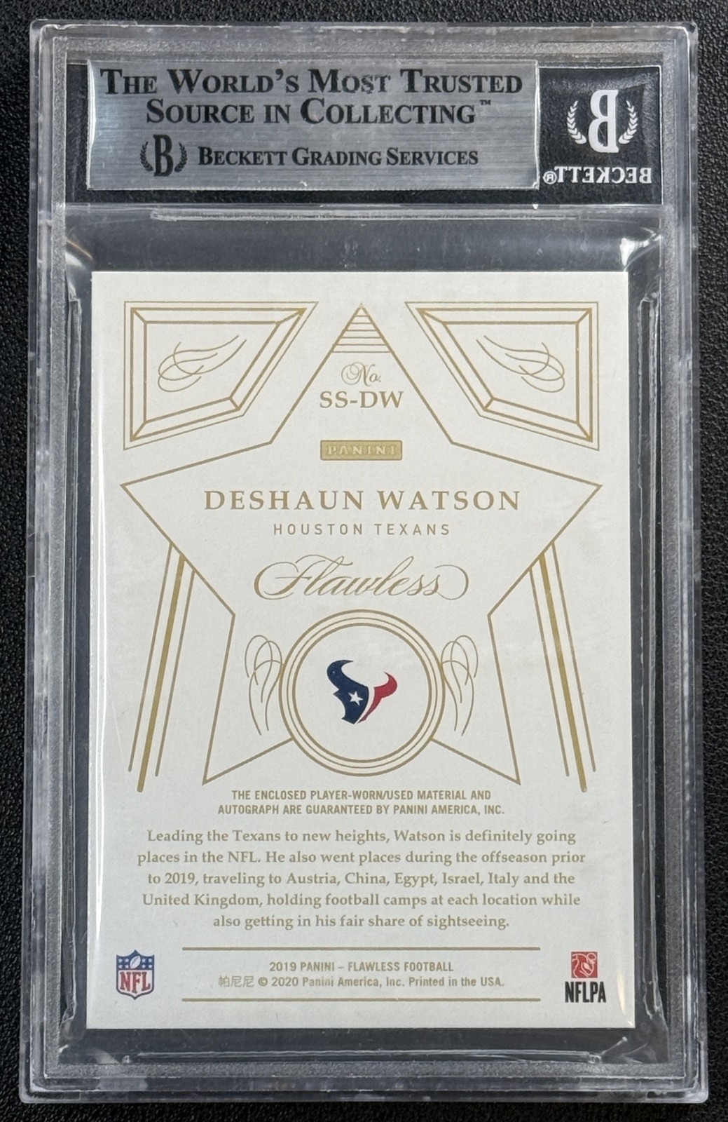 DESHAUN WATSON BGS 2019 FLAWLESS STAR SWATCH NFL SHIELD PATCH AUTO PLATINUM 1/1