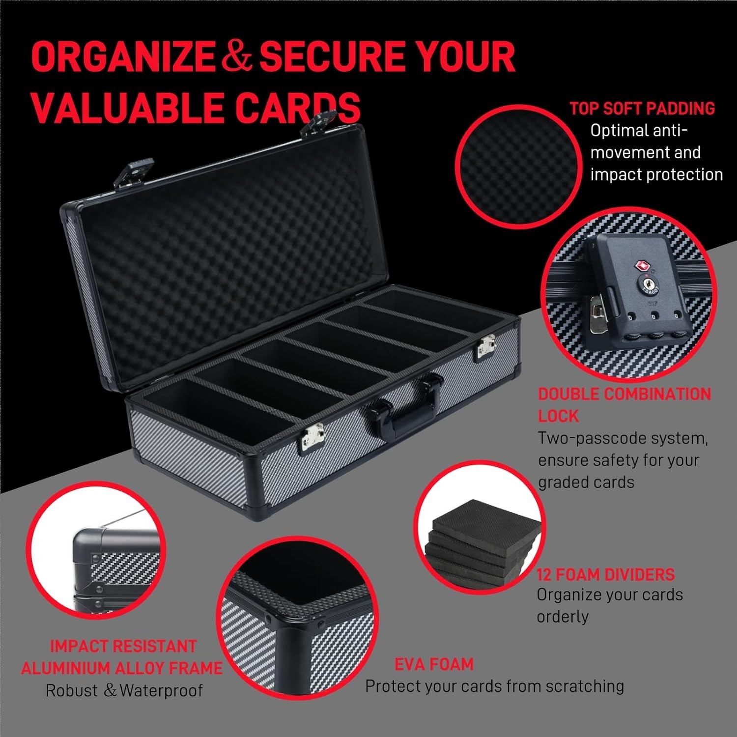 6 Row 250+ TSA Combination Lock Sports Card Cases Graded Card Case Psa Graded…