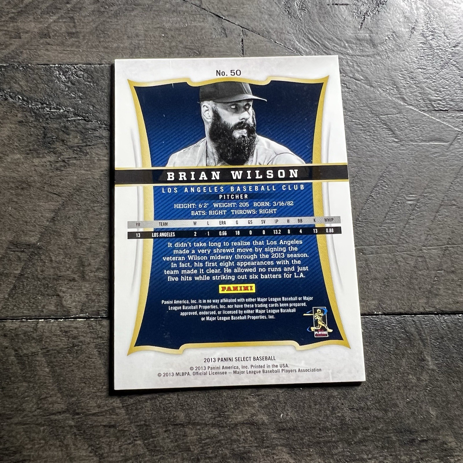 Brian Wilson Signed IP Autograph Los Angeles Dodgers 2013 Panini Select