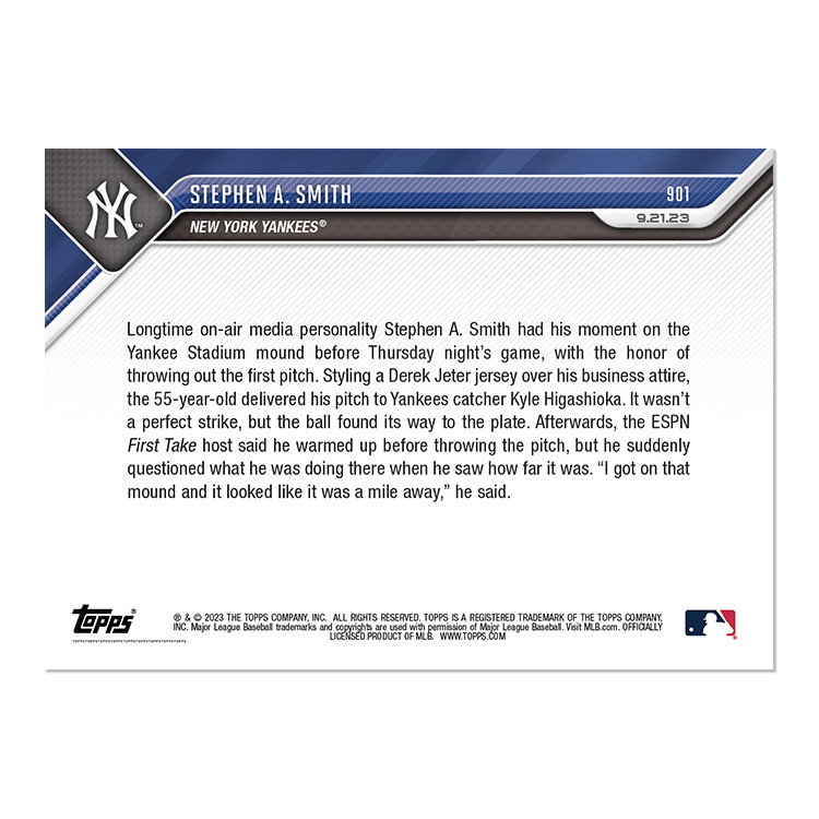 2023 Topps NOW 901 Stephen Smith ESPN Takes Mound at NYY -Free Shipping Always!