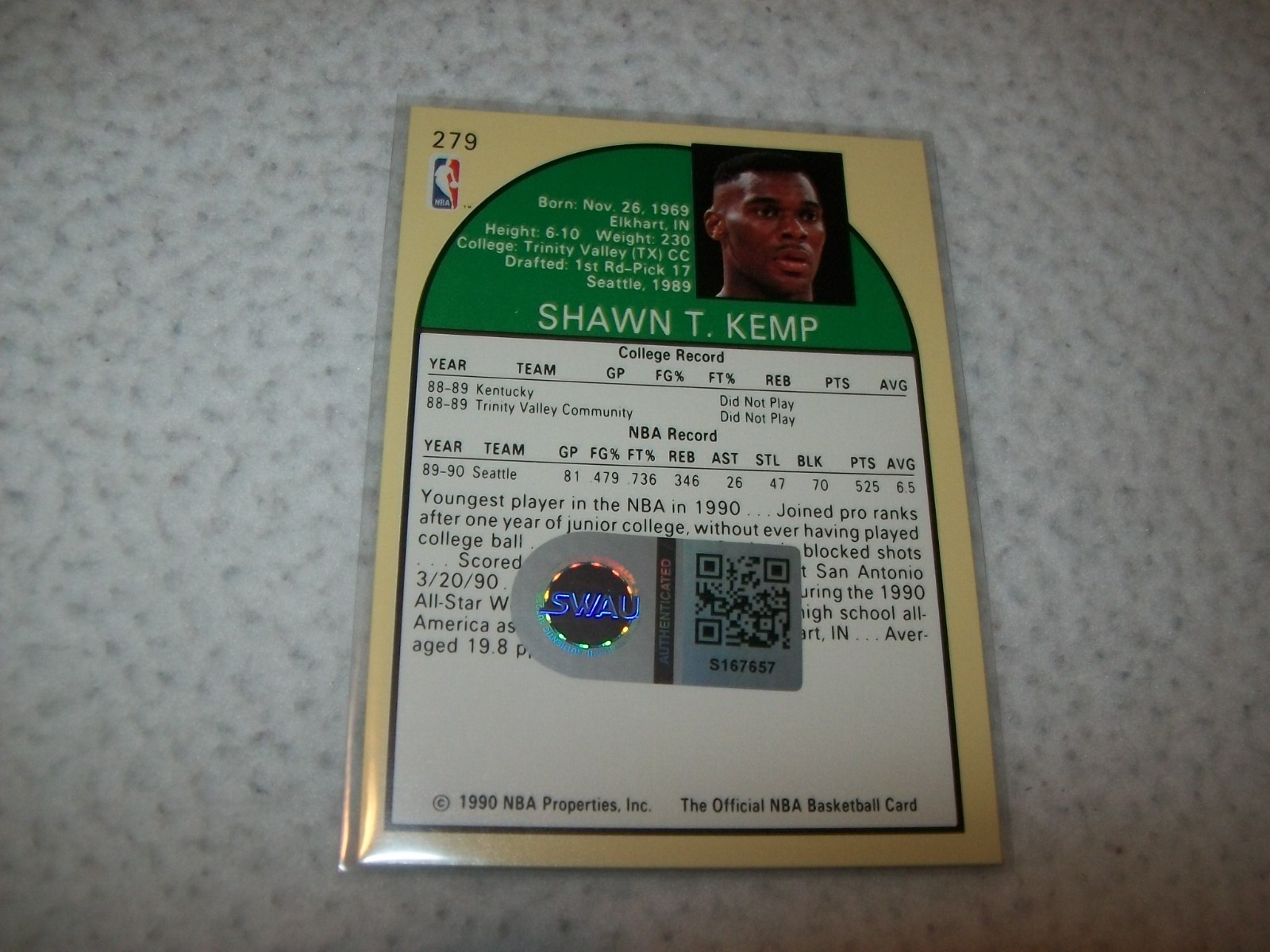 1990-91 NBA HOOPS RC SHAWN KEMP AUTO SIGNED #279 SEATTLE SUPERSONICS SWAU