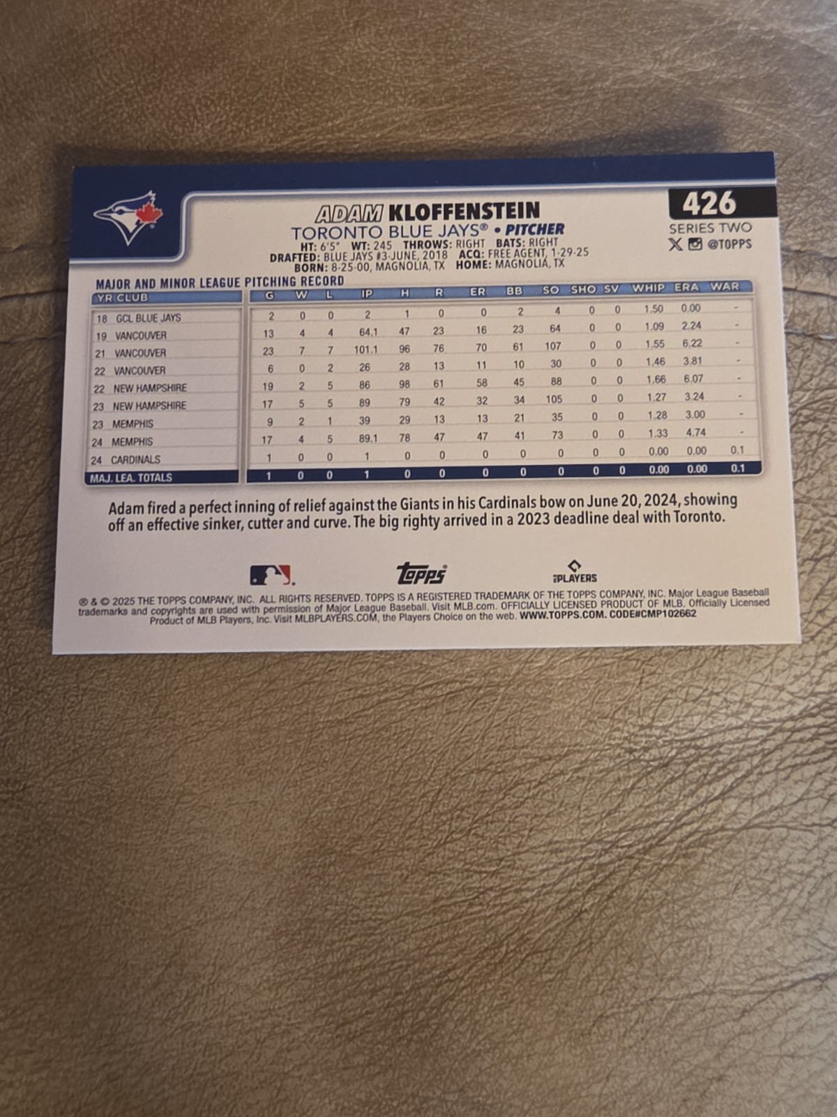 Adam Kloffenstein 2025 Topps Series 2 #426 (RC) Toronto Blue Jays FREE SHIPPING!
