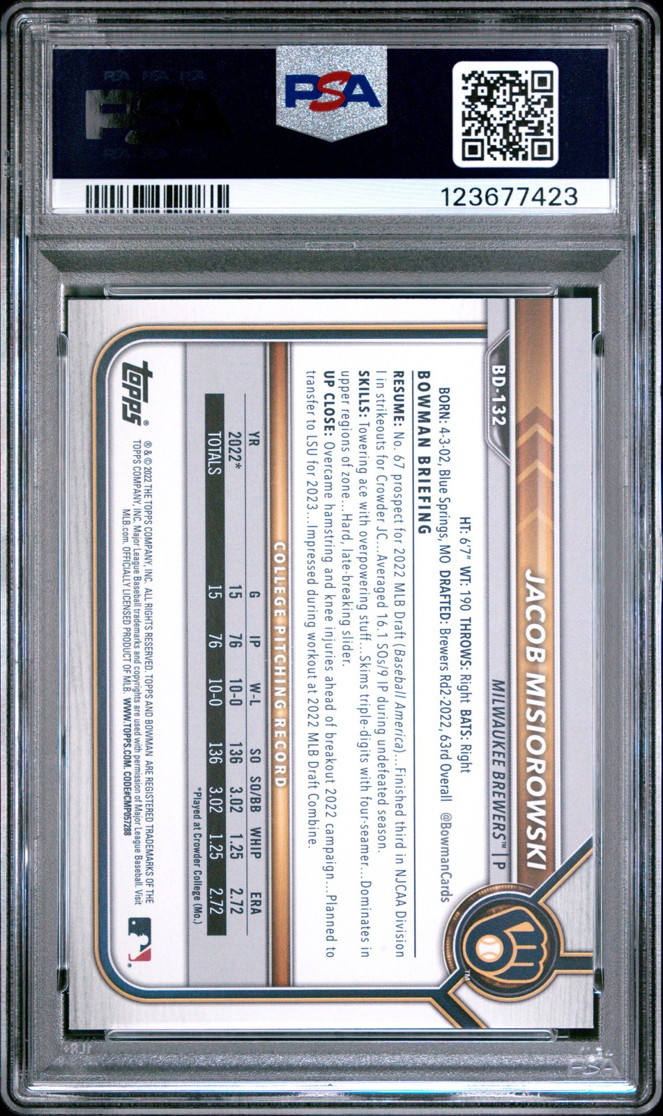 2022 BOWMAN DRAFT #BD132 JACOB MISIOROWSKI PSA 10