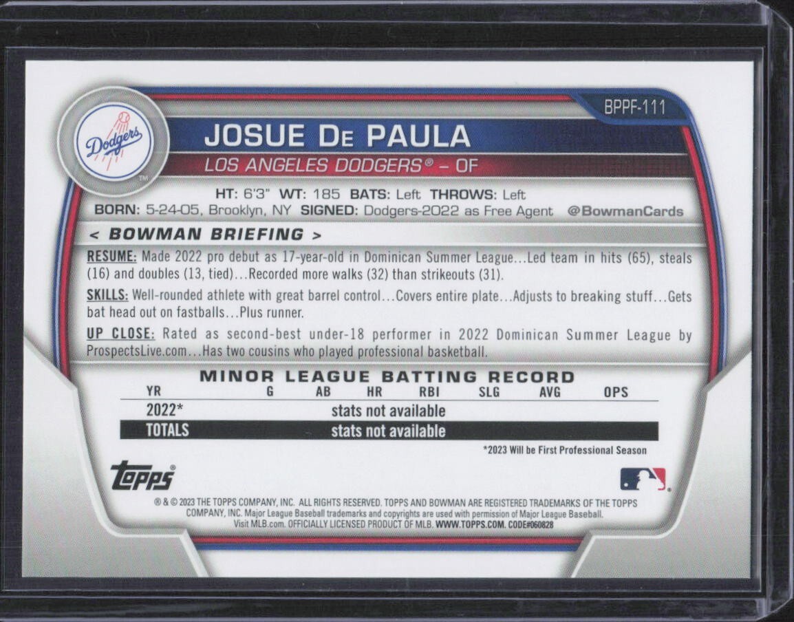 2023 Bowman 1st Edition #BPPF-111 Josue De Paula RC – Los Angeles Dodgers – MINT