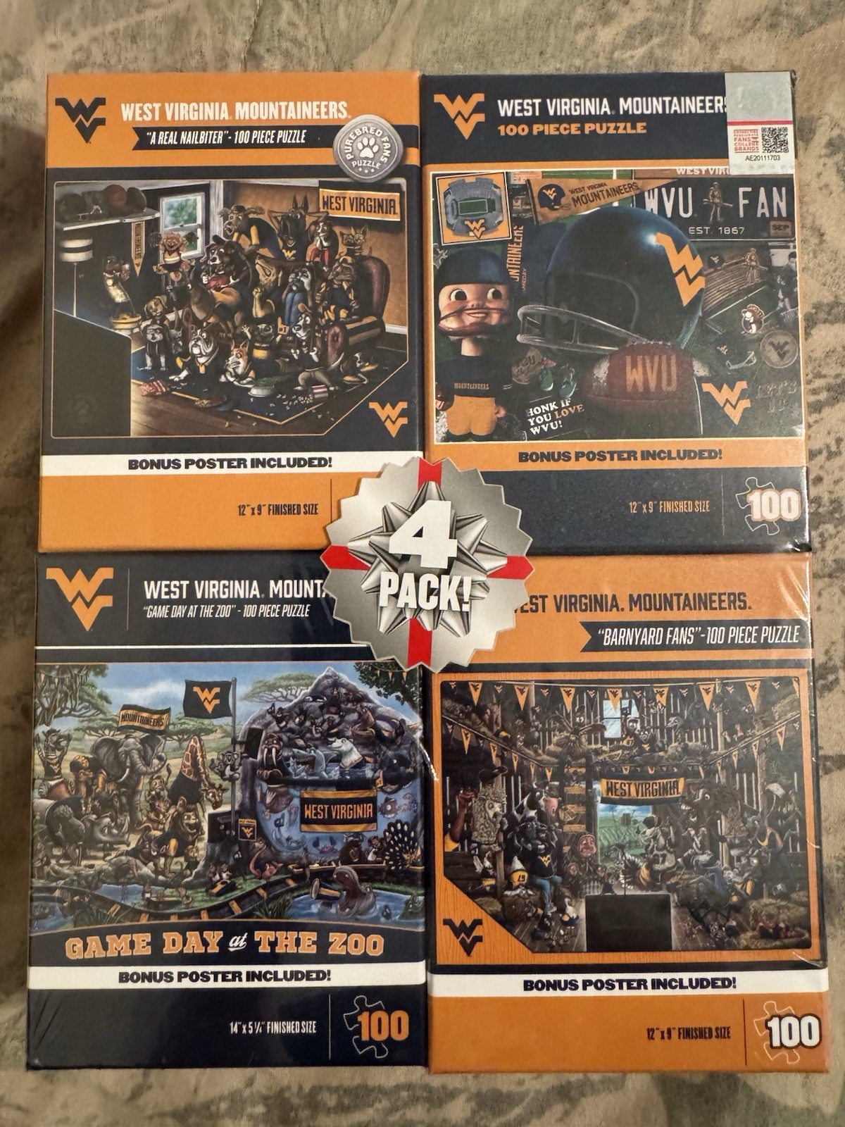 West Virginia Mountaineers Puzzles, 4 Pack, 100 Pcs Each, Football Sports, New