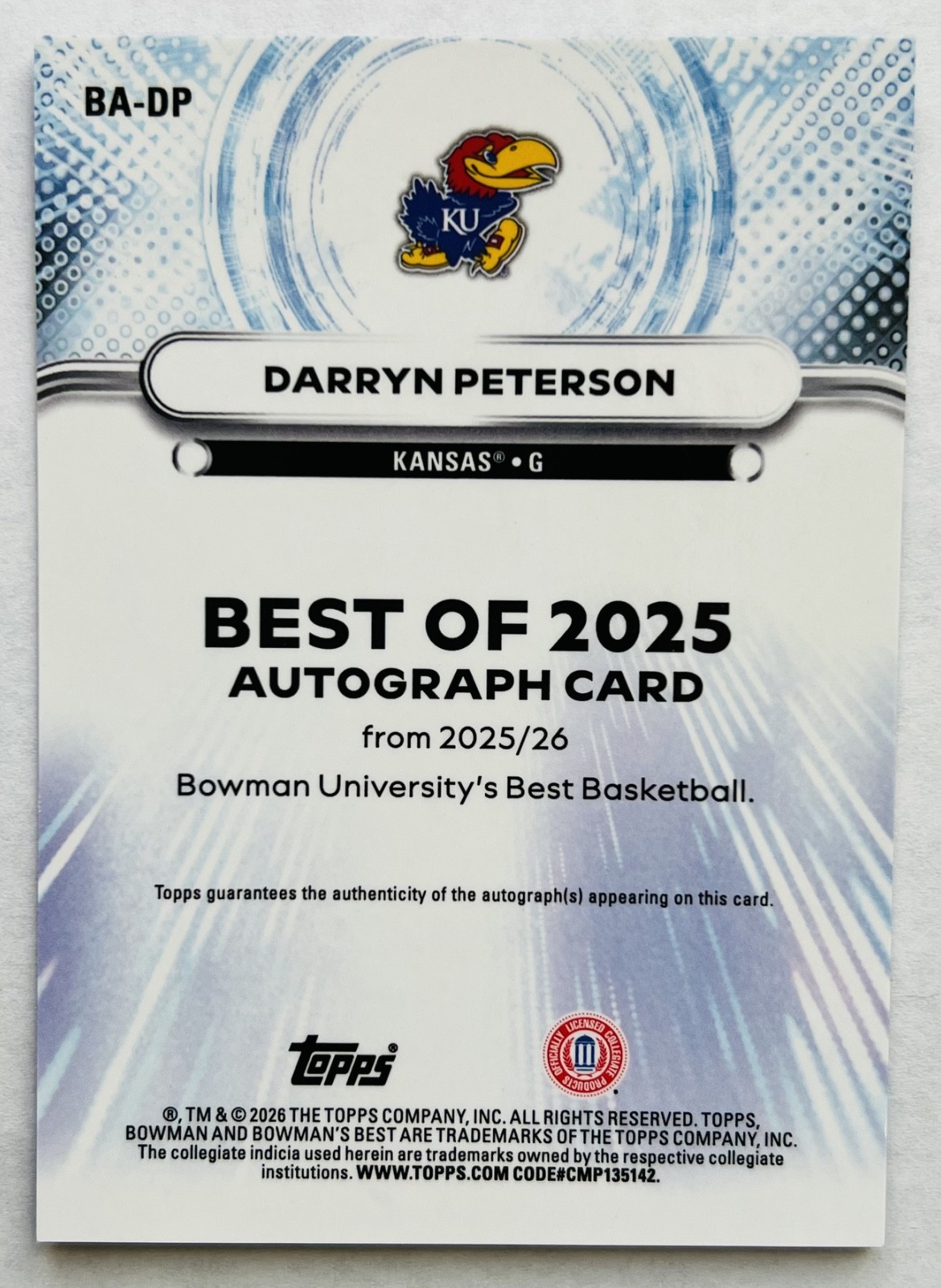 2025-26 Bowman U Best DARRYN PETERSON Best of 2025 Yellow Laser On Card Auto /75