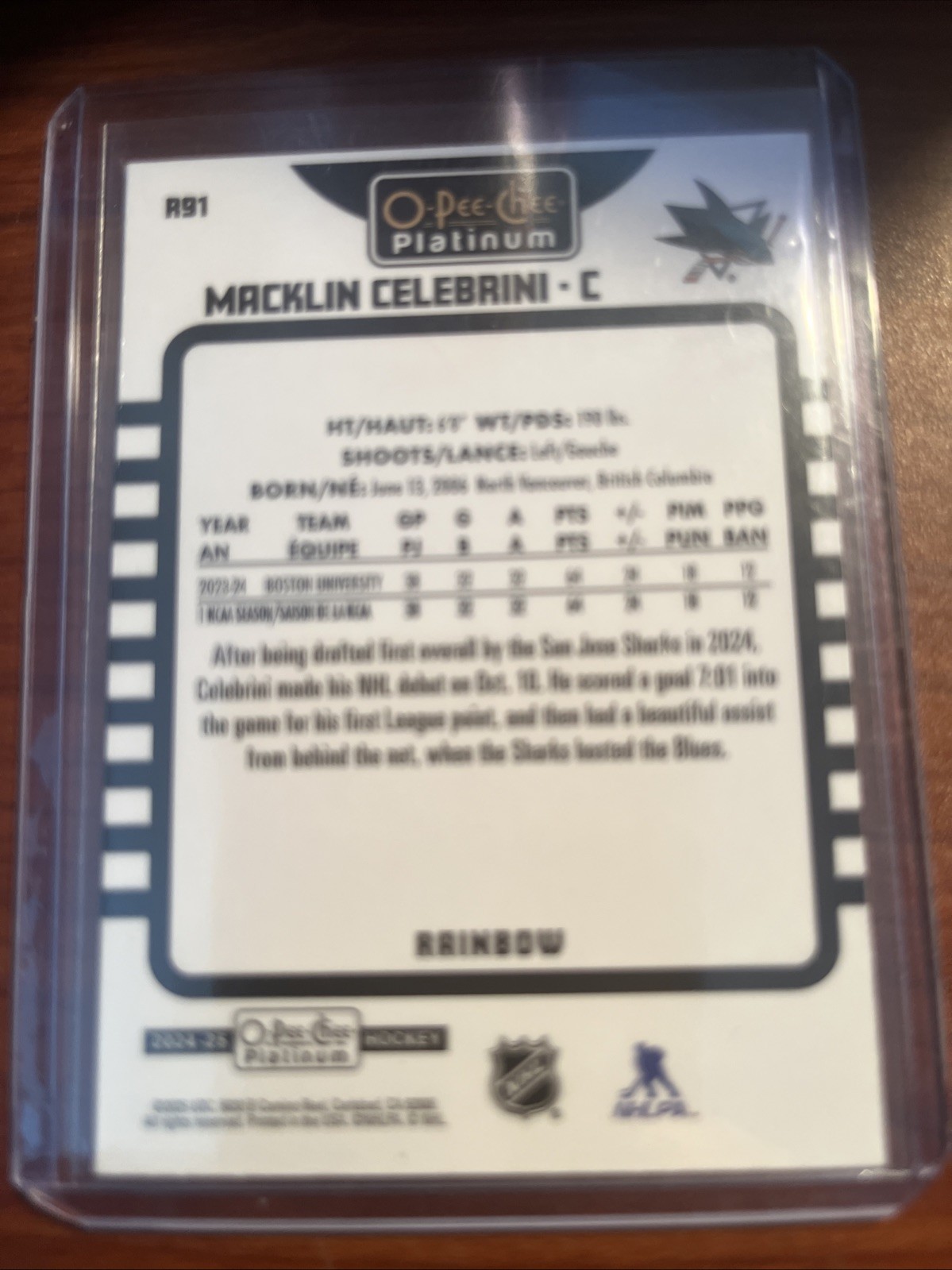 2024-25 O-Pee-Chee Platinum – Retro Rookies Macklin Celebrini #R91 Rainbow (RC)