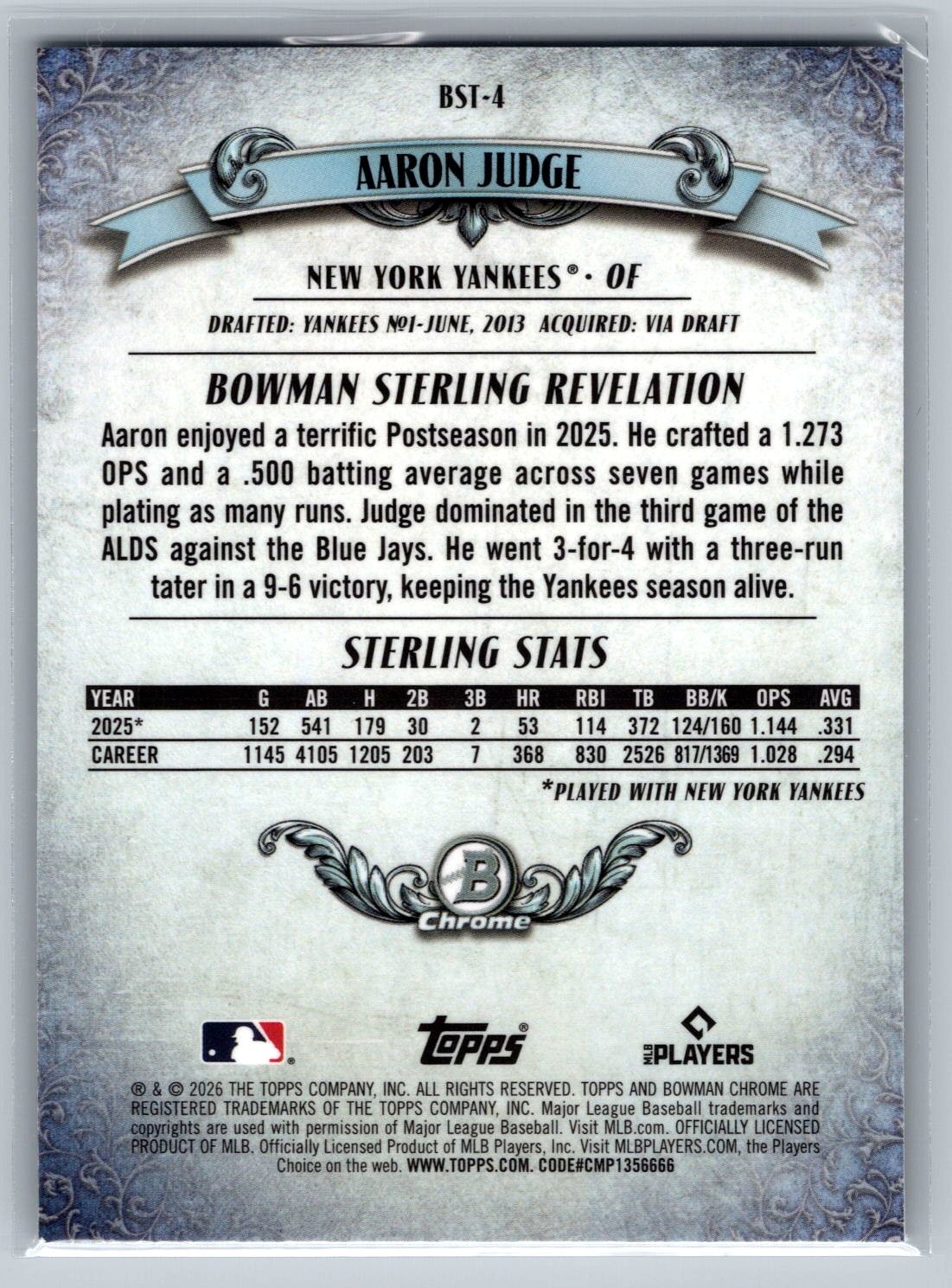 2026 Bowman #BST-4 Aaron Judge Bowman Sterling Mojo Refractors