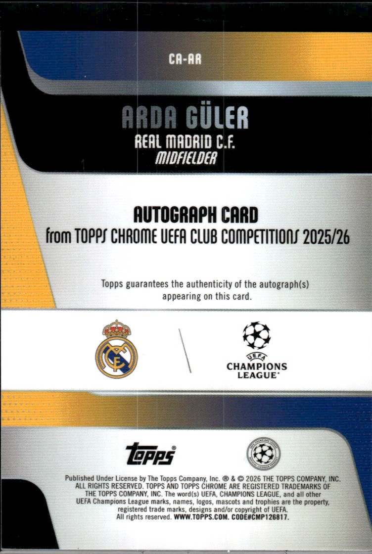 2025-26 Topps Chrome UEFA #CA-AR Arda Güler Chrome Orange Refractor Auto /25