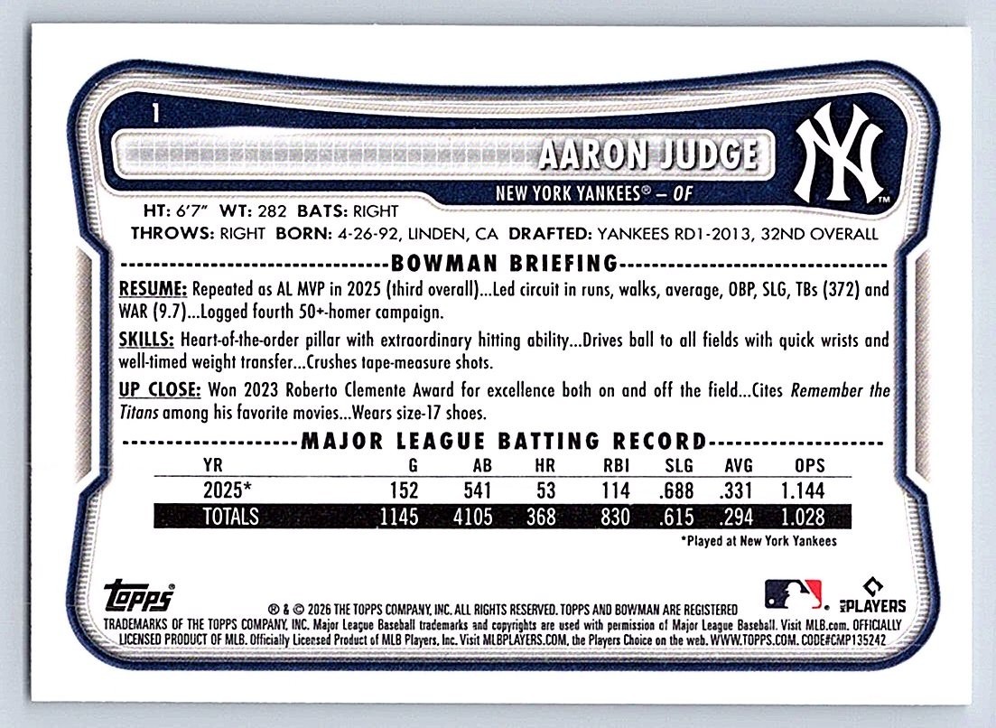 AARON JUDGE YANKEES 2026 BOWMAN #1