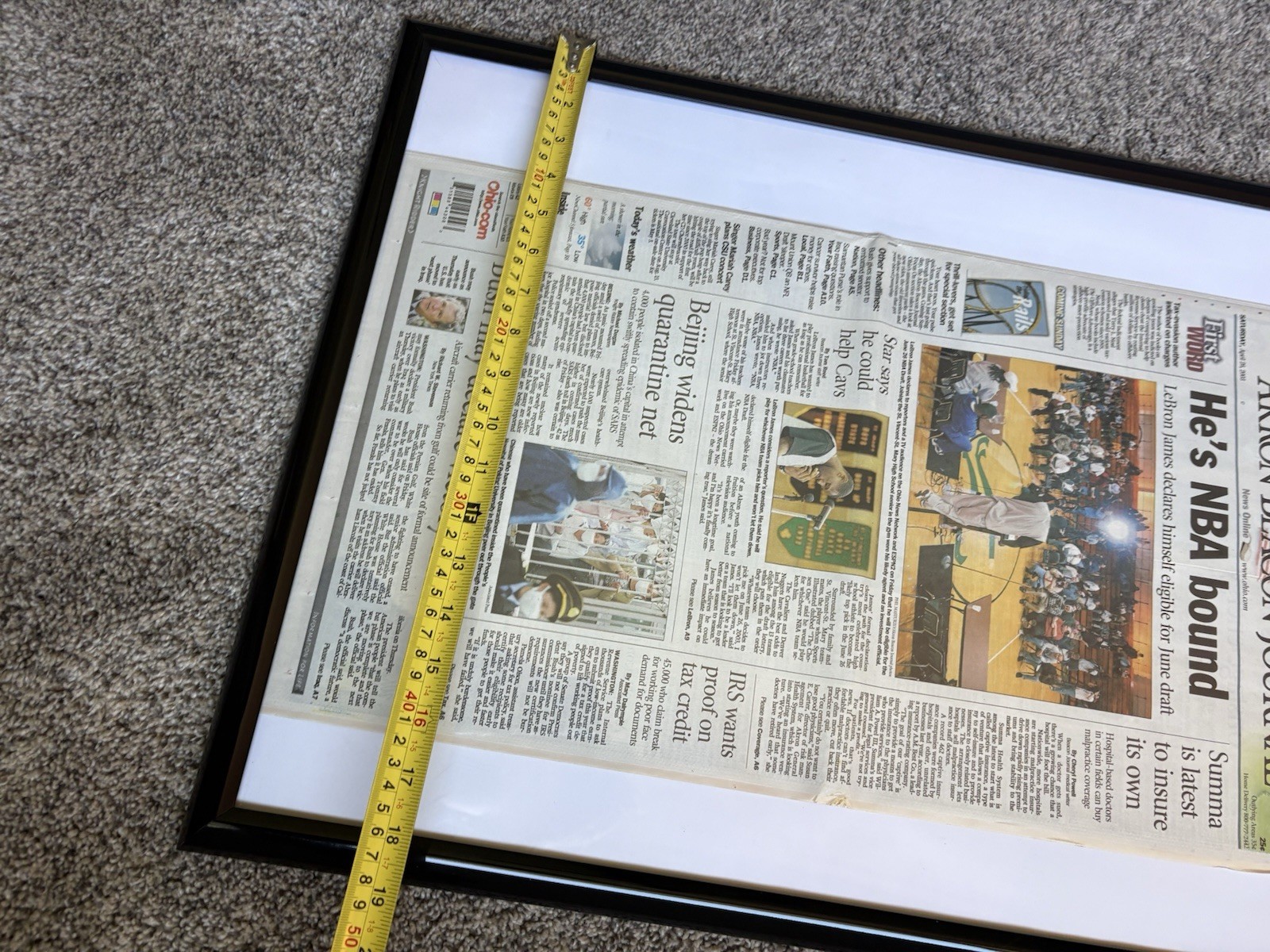 LEBRON JAMES 2003 NBA DRAFT DECISION AKRON BRACON NEWSPAPER 4/26/2003 FRAMED