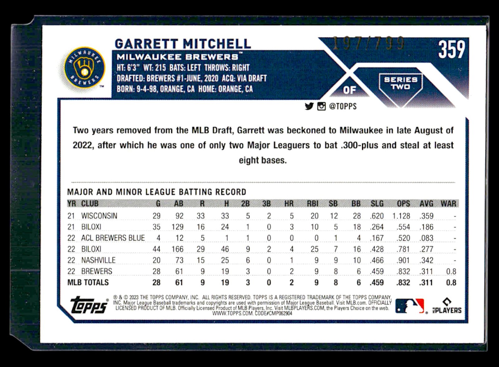 Garrett Mitchell 2023 Topps #359 Purple Foilboard #/799 Rookie