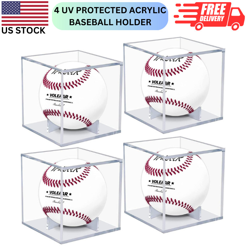 Baseball Display Case 4 Pack UV Protected Acrylic Square Baseball Holder Clear