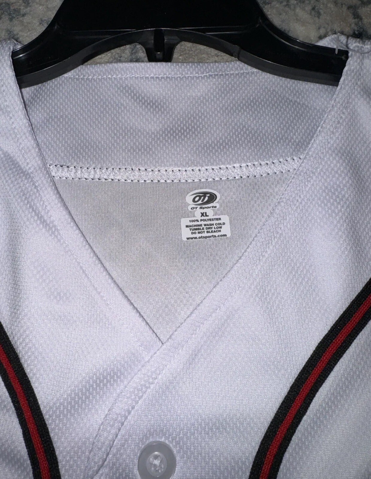 OT Sports Mens White and Red/Black Stripes Button Up Baseball Jersey Size XL