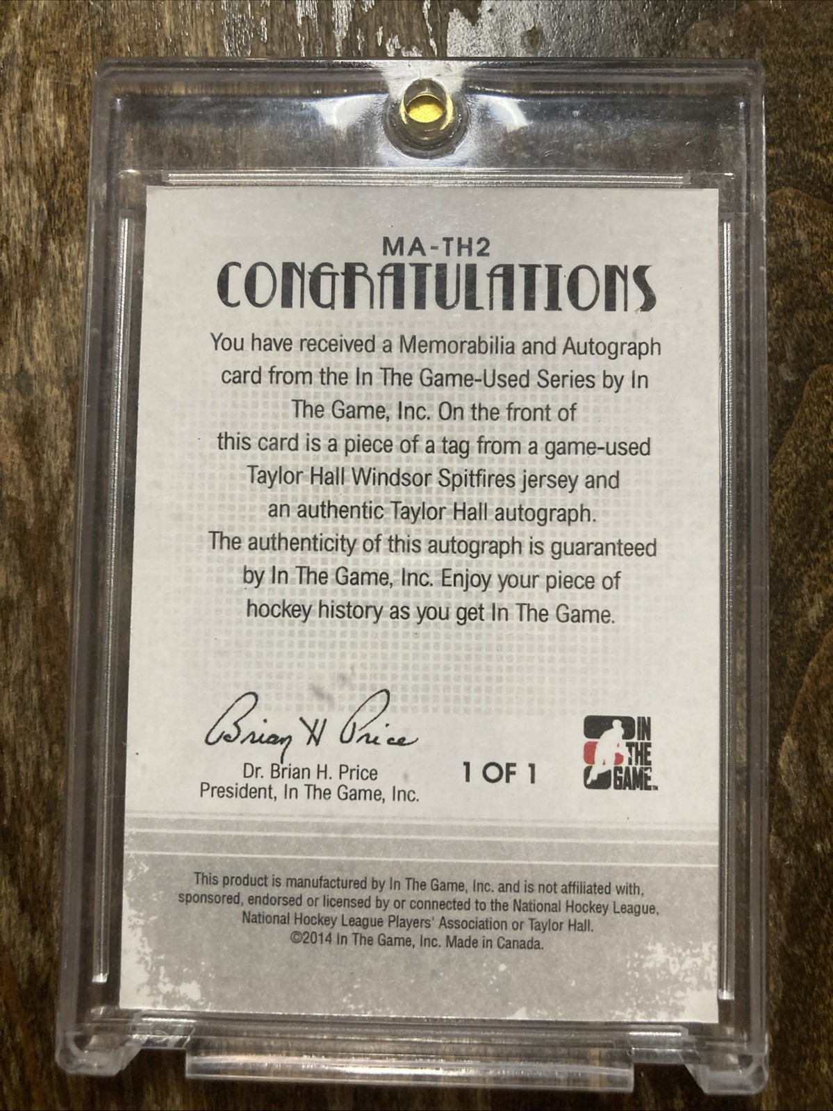 2014-15 in the Game Used Game-Used Jersey Auto Taylor Hall 1/1