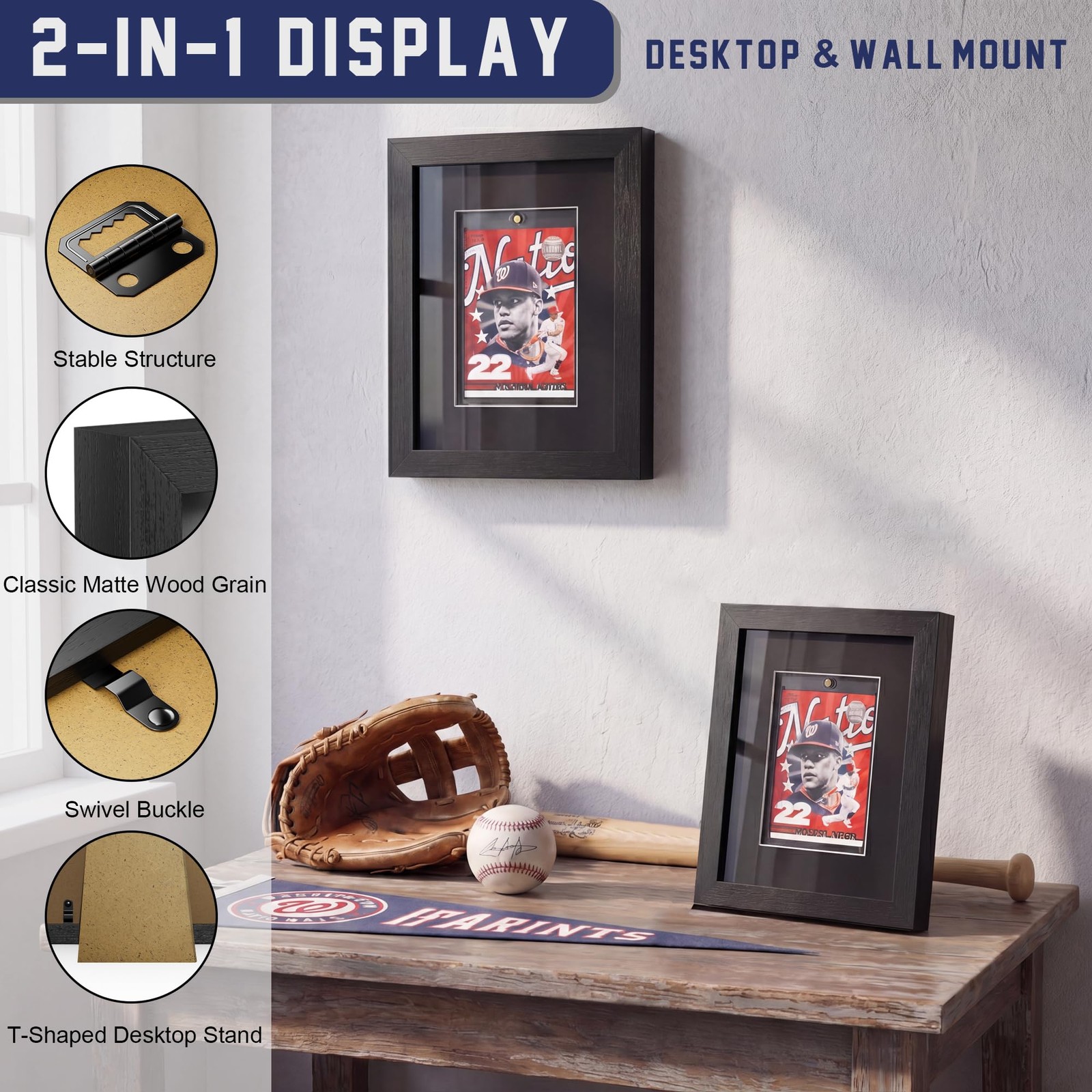 Trading Card Display Frame Wood Tempered Glass Wall Tabletop 6×8 Black 1 Card