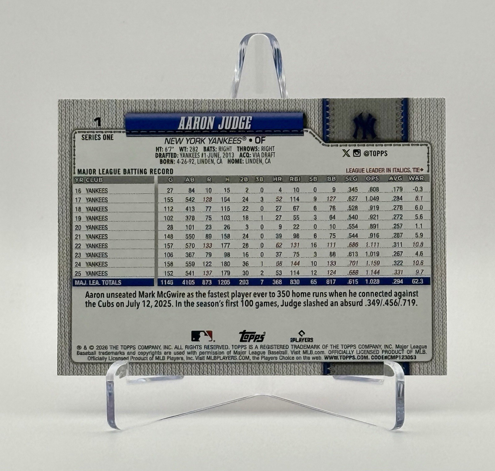 2026 Topps MLB Series 1 Aaron Judge #1 New York Yankees