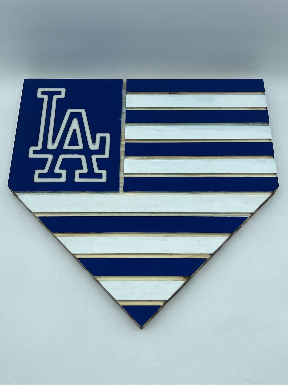 LOS ANGELES DODGERS “FLAG THEMED” HOME PLATE SIGN 1″ PINE WOOD, STAIN, & EPOXY
