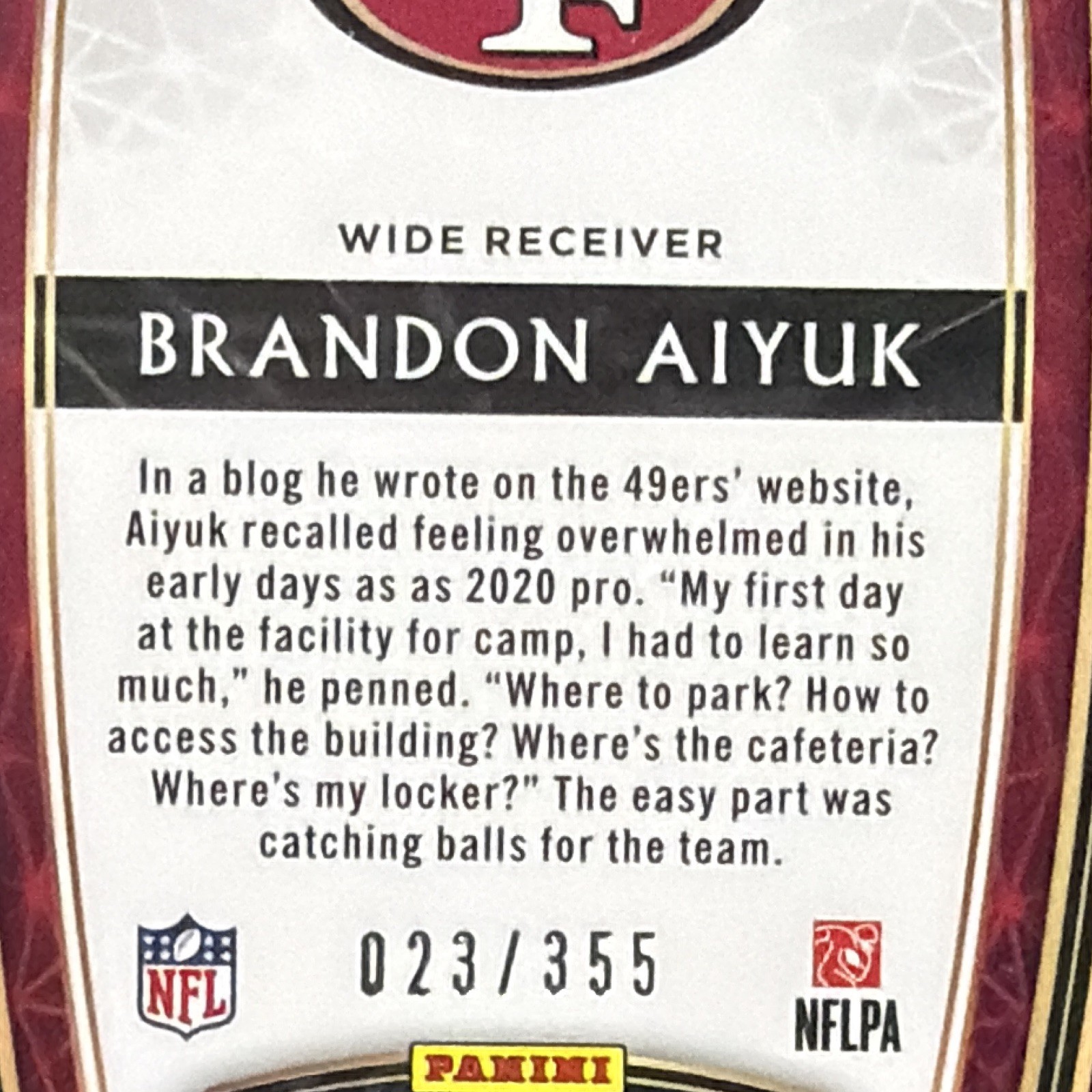 Panini 2020 Select Club Level Brandon Aiyuk RC #266 Copper Prizm Die-Cut /355