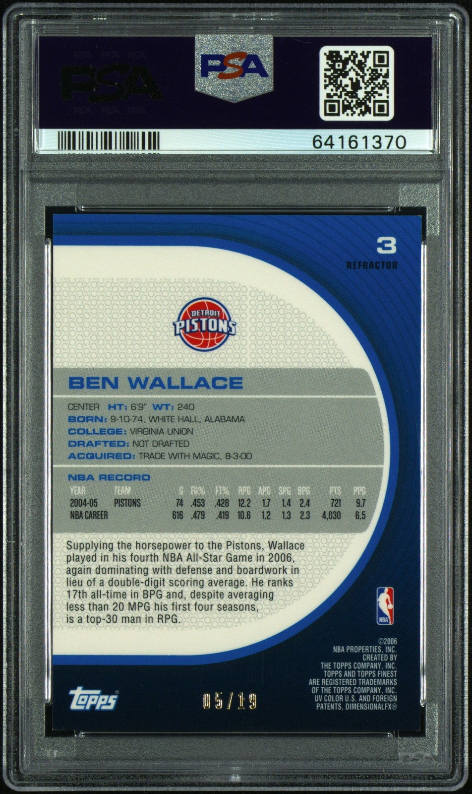 2005-06 Topps Finest #3 Big Ben Wallace Refractors Black PSA 9 /19 Pistons