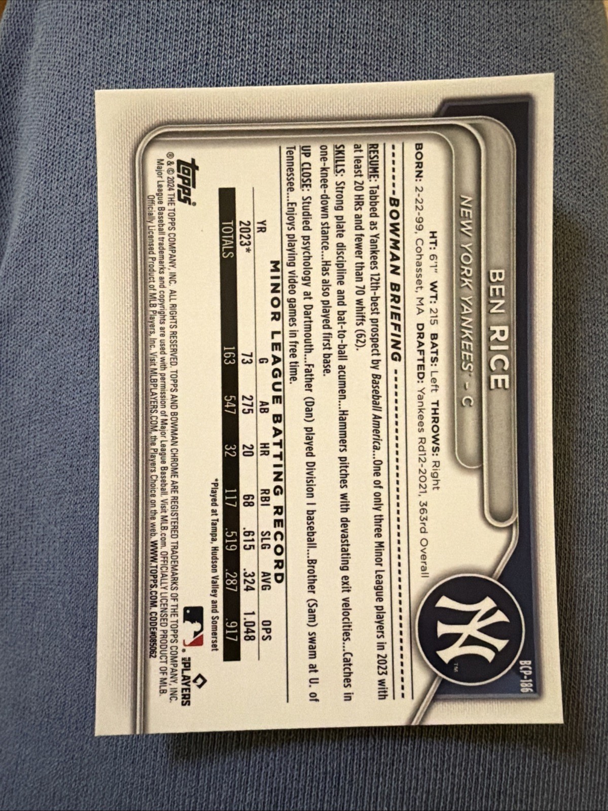 2024 Bowman Chrome Sapphire Ben Rice 1st New York Yankees BCP-186