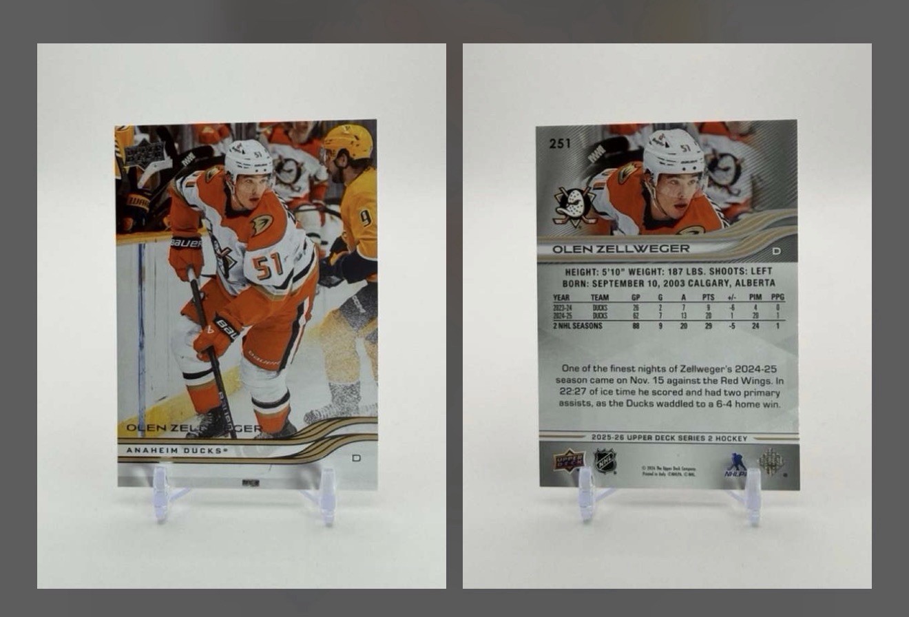 2025-26 Upper Deck Base #251 Olen Zellweger NHL Anaheim Ducks