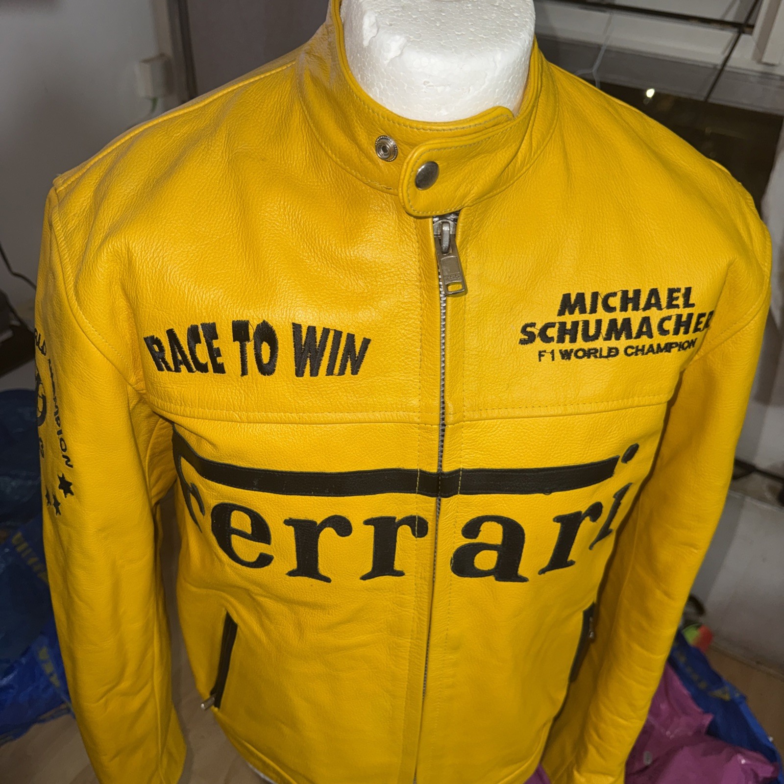 Vintage Michael Schumacher Ferrari Leather Jacket Mens Size large Yellow Black