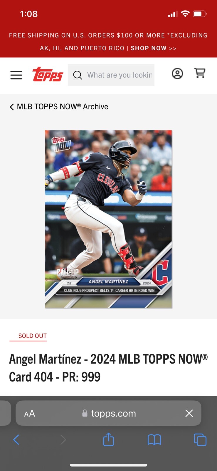 2024 Topps Now MLB #404 Angel Martinez RC CALL-UP Cleveland Guardians 999 Made