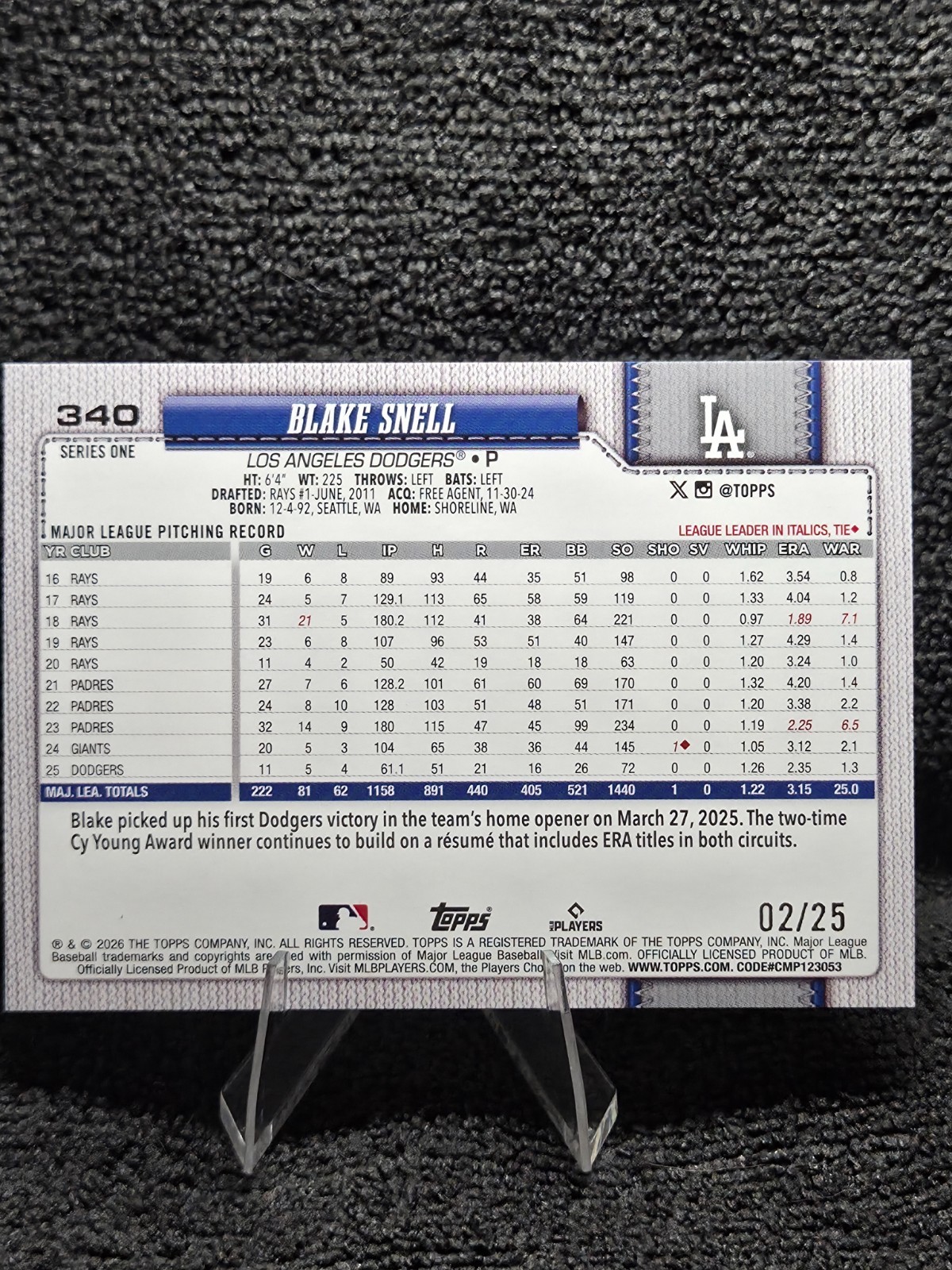 Blake Snell 2026 Topps Series 1 #340 Orange Spring Training Foil /25 Dodgers