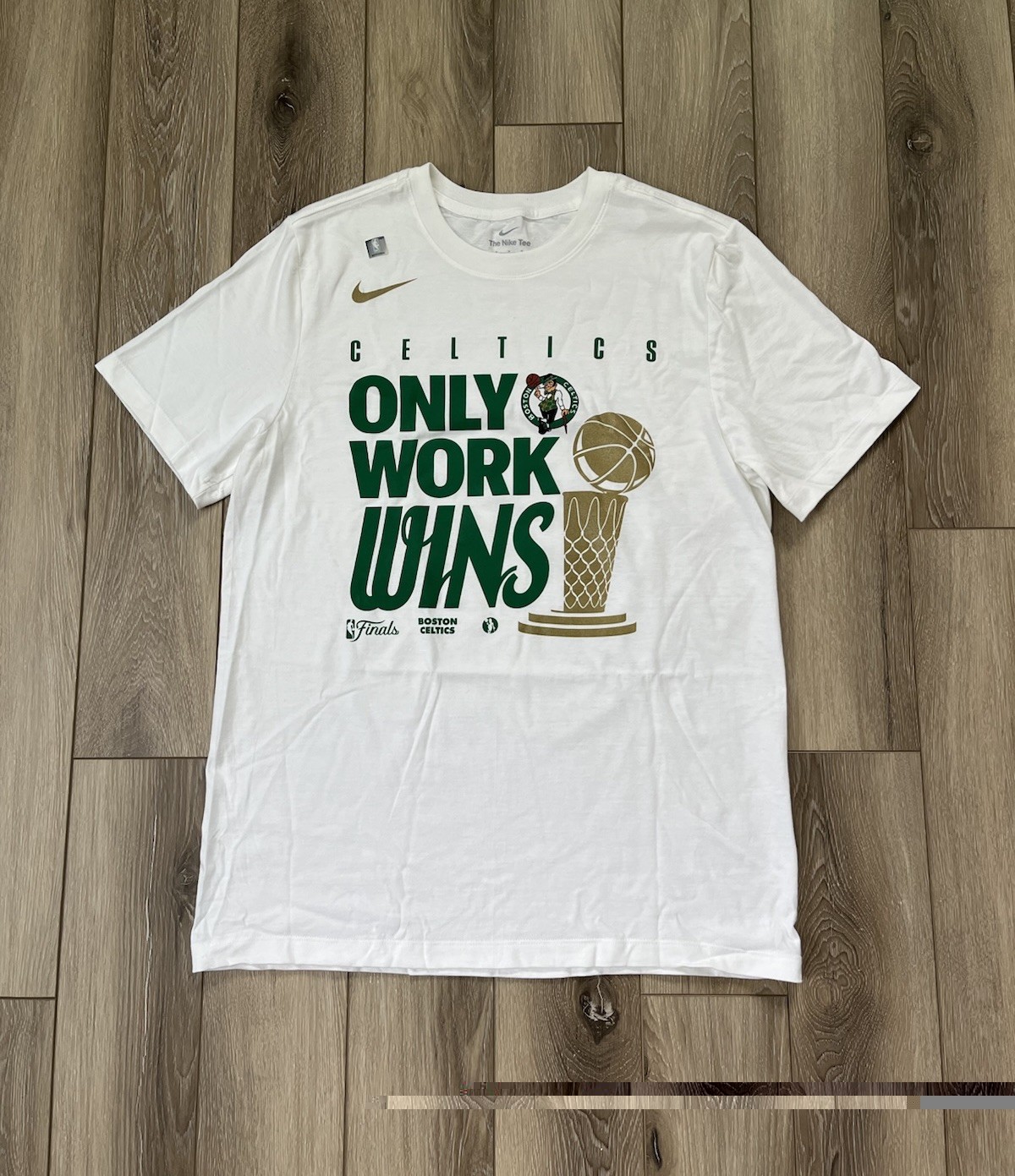 Boston Celtics NBA Finals Nike “Only Work Wins” White T-Shirt Men’s Sz M