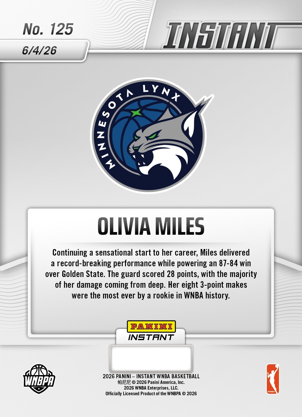 Olivia Miles 2026 Panini Instant WNBA #125 Lynx Record Breaker RC Presale