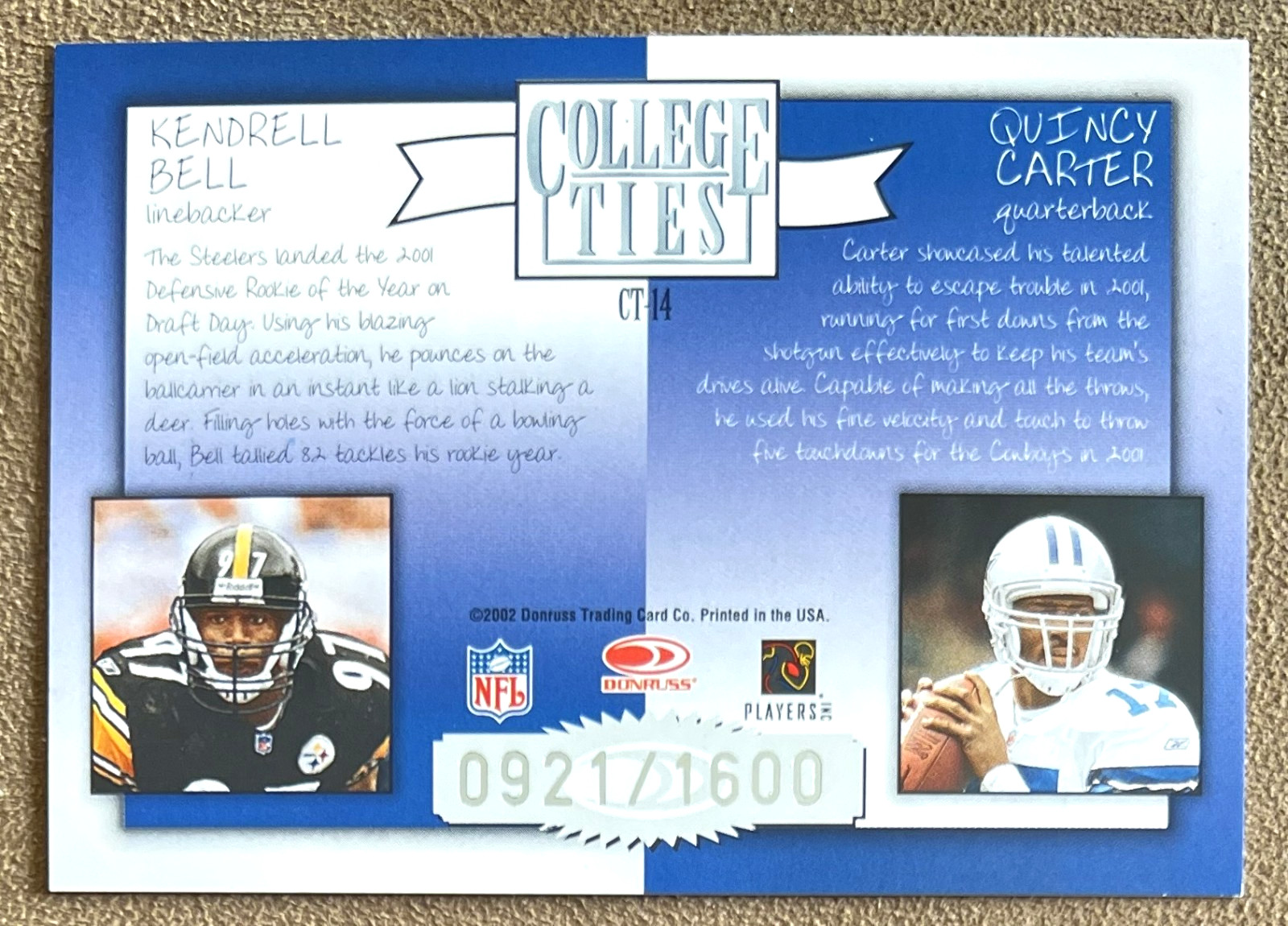 2002 Donruss Elite College Ties /1600 Quincy Carter/Kendrell Bell #CT-14 Insert