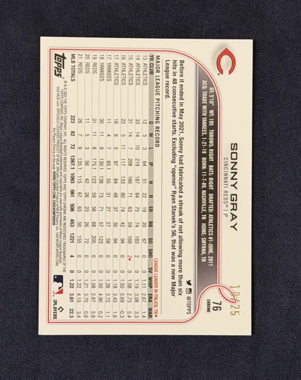 2022 Topps Chrome Sonny Gray Orange Black Pulsar /25 Cincinnati Reds #76