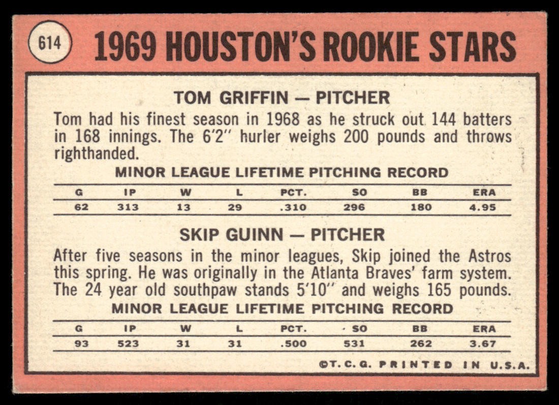 Houston 1969 Rookie Stars (Tom Griffin / Skip Guinn) RC 1969 Topps #614 EX MC