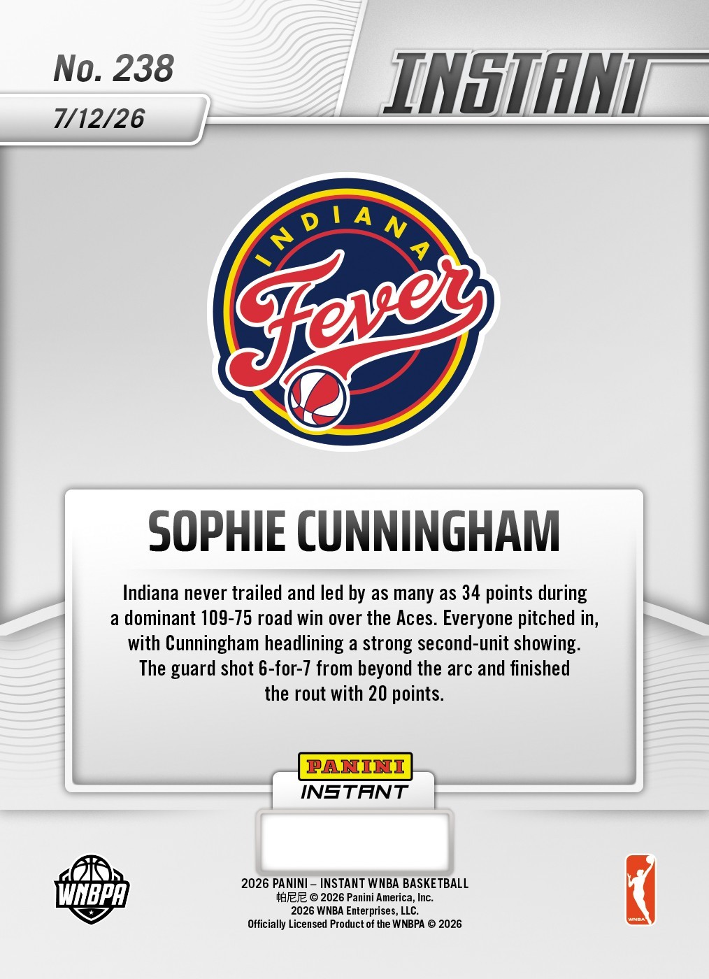 2026 Panini Instant WNBA #238 Sophie Cunningham Indiana Fever PRESALE